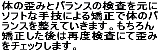 体の歪みとバランスの検査を元に ソフトな手技による矯正で体のバ ランスを整えていきます。